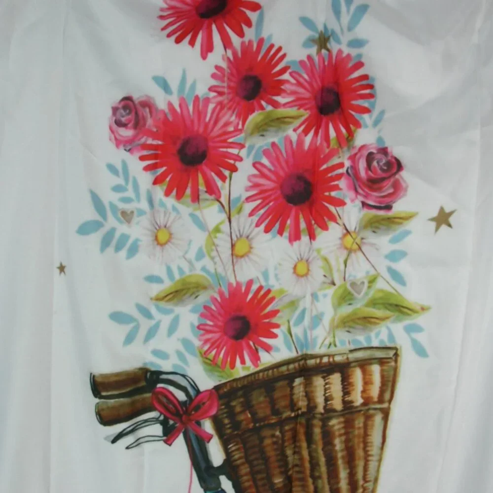 Fabric Shower Curtain Blue Bicycle Bike w Flower Basket Hearts Country Checkered